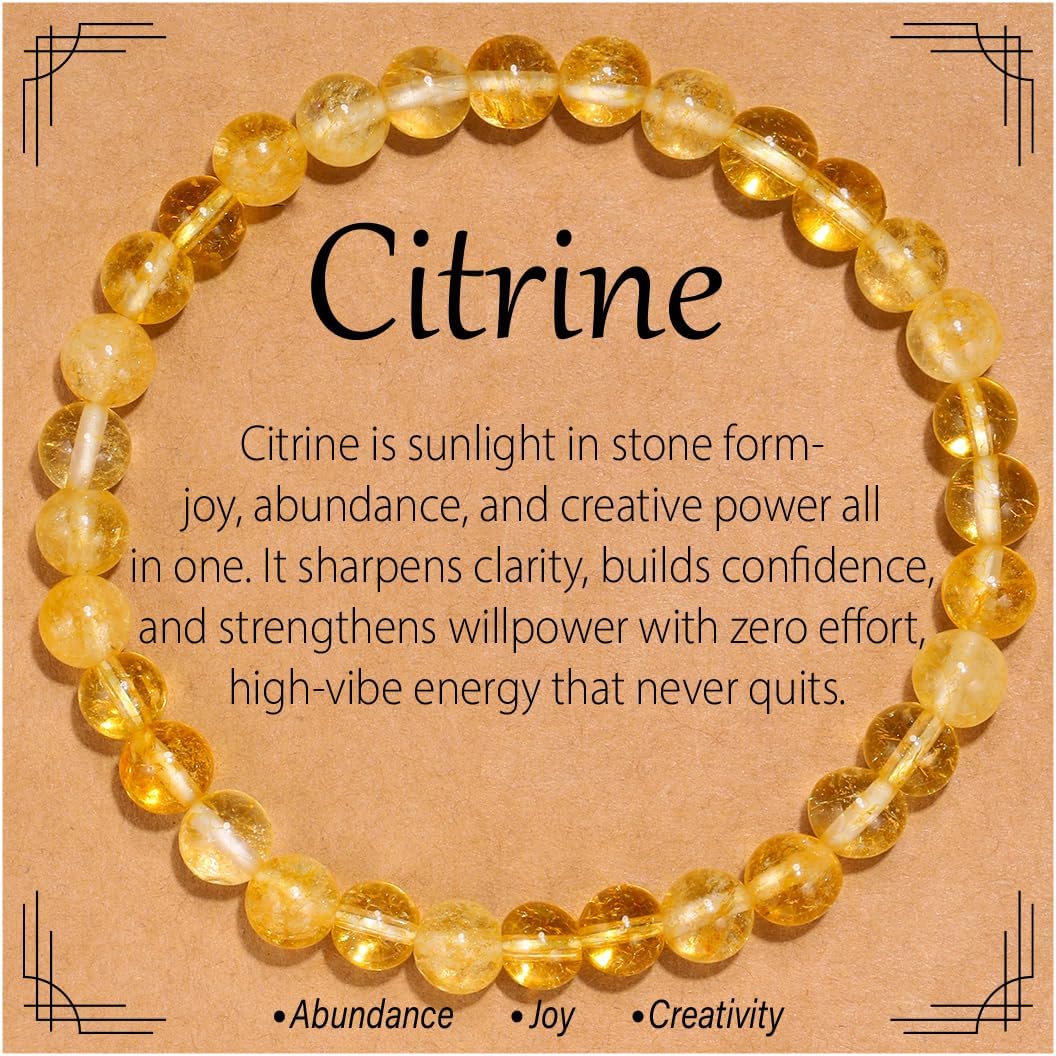 Flvkev 6mm Crystal Healing Bracelet for Women Natural Gemstone Stretch Bracelet Gifts - Citrine