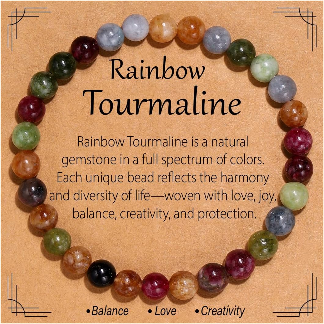 Flvkev 6mm Crystal Healing Bracelet for Women Natural Gemstone Stretch Bracelet Gifts - Tourmaline