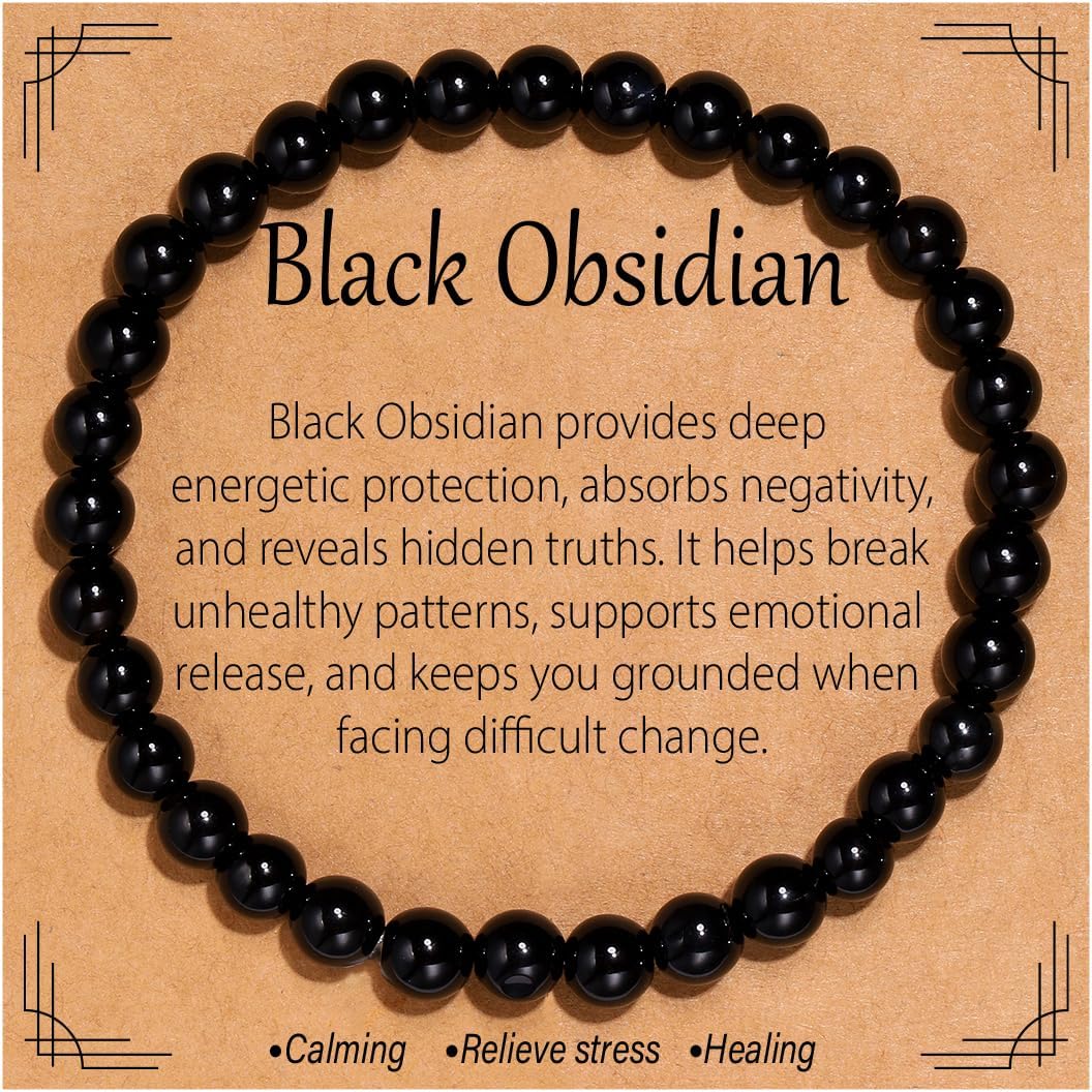 Flvkev 6mm Crystal Healing Bracelet for Women Natural Gemstone Stretch Bracelet Gifts - Black Obsidian