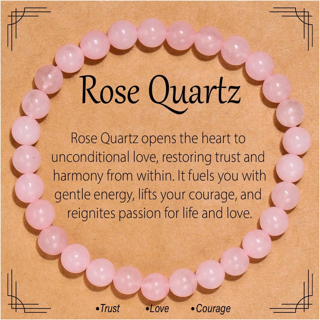 Flvkev 6mm Crystal Healing Bracelet for Women Natural Gemstone Stretch Bracelet Gifts - Rose quartz