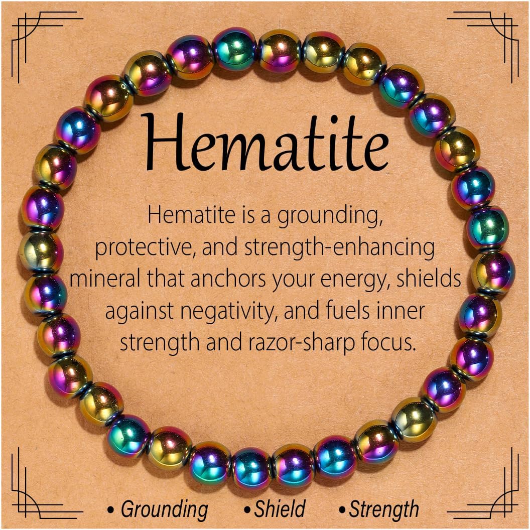Flvkev 6mm Crystal Healing Bracelet for Women Natural Gemstone Stretch Bracelet Gifts - Hematite
