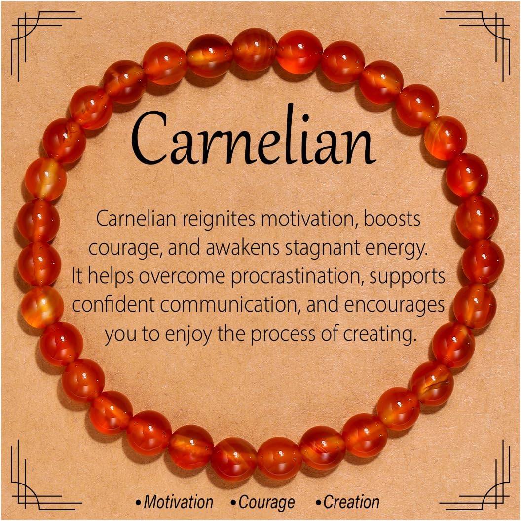 Flvkev 6mm Crystal Healing Bracelet for Women Natural Gemstone Stretch Bracelet Gifts - Carnelian